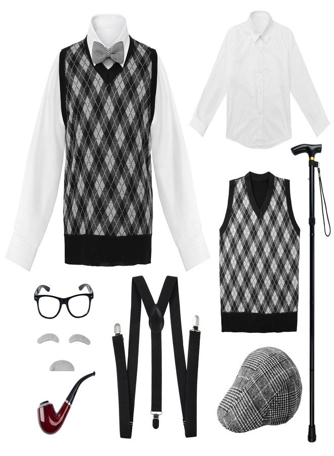 JerrisApparel Kids 100 Days of School Costume Old Man Halloween Cosplay Dress Up Grandpa Vest Set (10-12 Years, Black) - Image 1